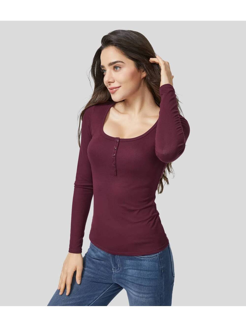 HALARA Ribbed Henley Neck Long Sleeve Slim Casual T-Shirt- Size L